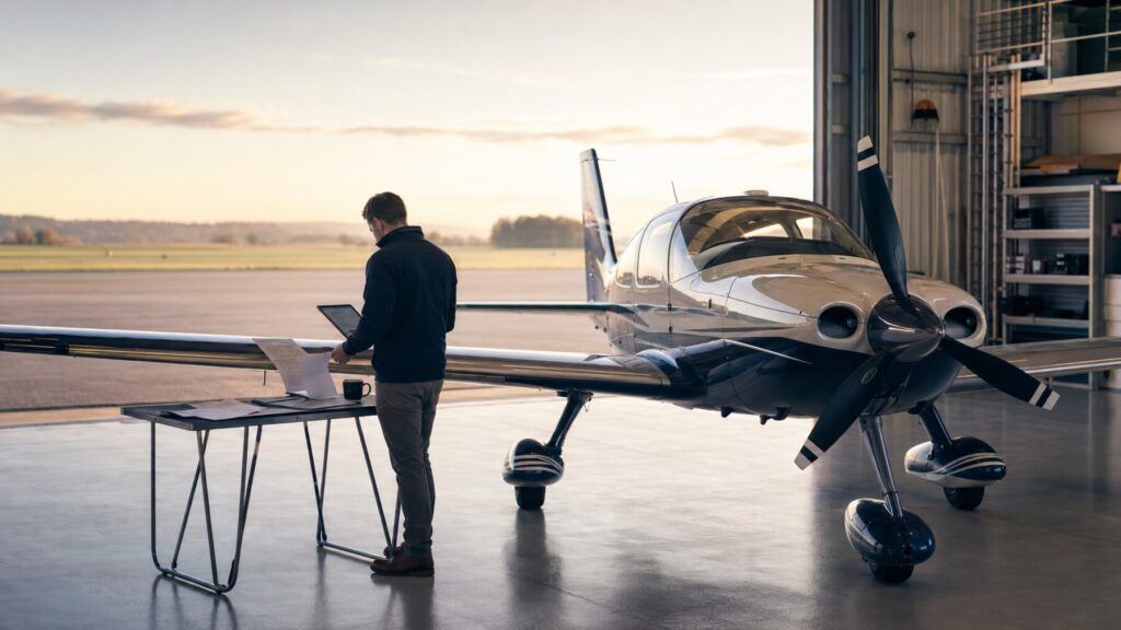 Pilot prüft die Luftfahrtversicherung neben einem Flugzeug im Hangar